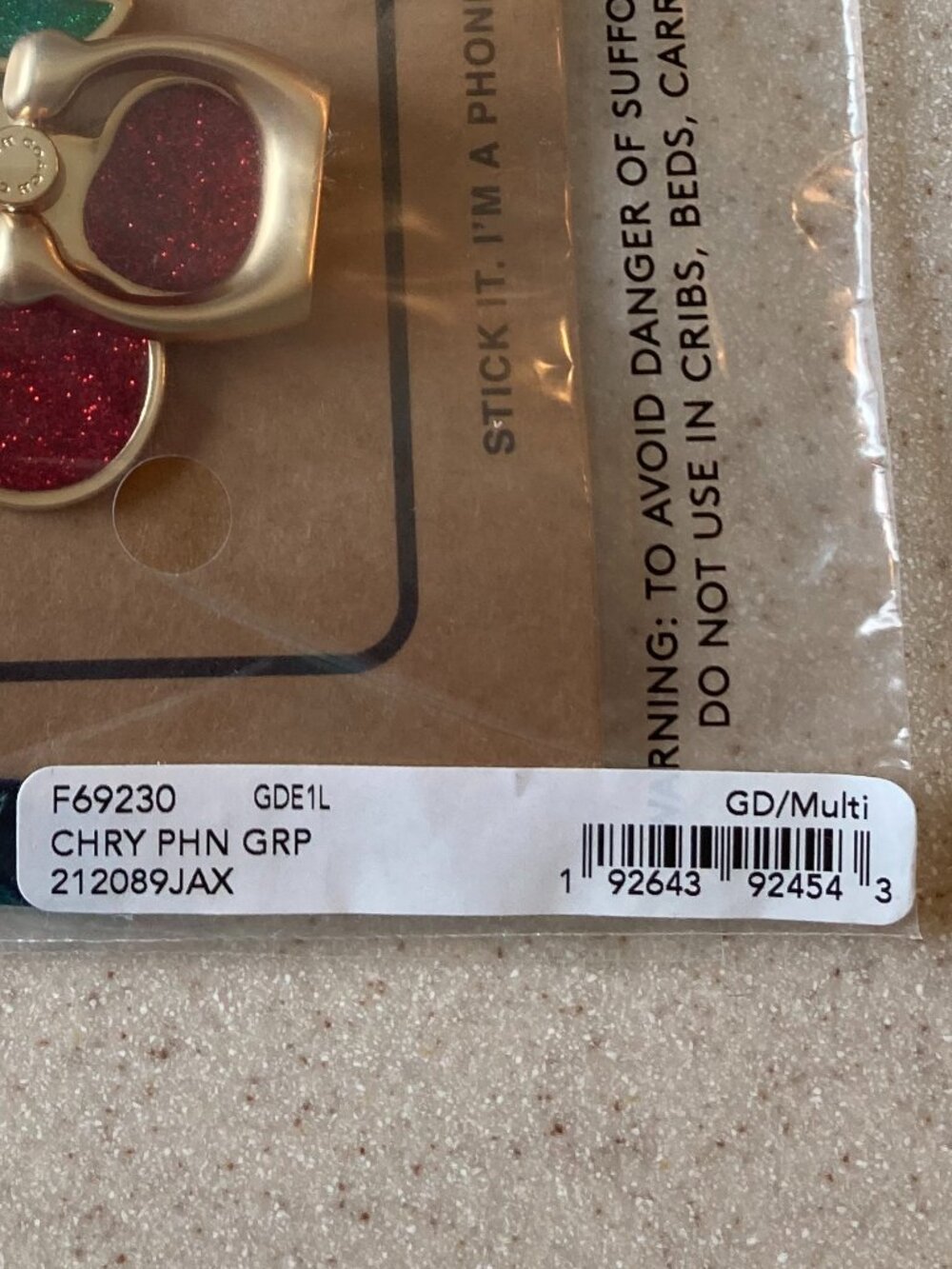 NWT Coach Cherry Phone Ring Grip - Gold with Red and Green Glitter - Picture 3 of 4